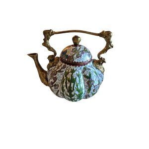 Vintage Cloisonne Enamel Teapot with Lid and Gold Handle Floral White Gold Blue